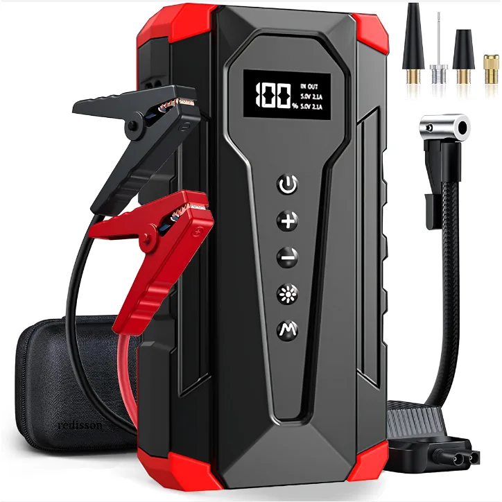 Smart Jump Starter with Air Compressor with clamps, air hose and carry case